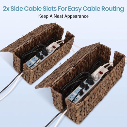 efluky Set of 2 Brown Water Hyacinth Cable Management Box, Hand-Woven Cord Organizer with 2 Open Slots, Decorative Cord Box to Hide Power Strip, USB Wires & Charger for Home & Office - Image 4