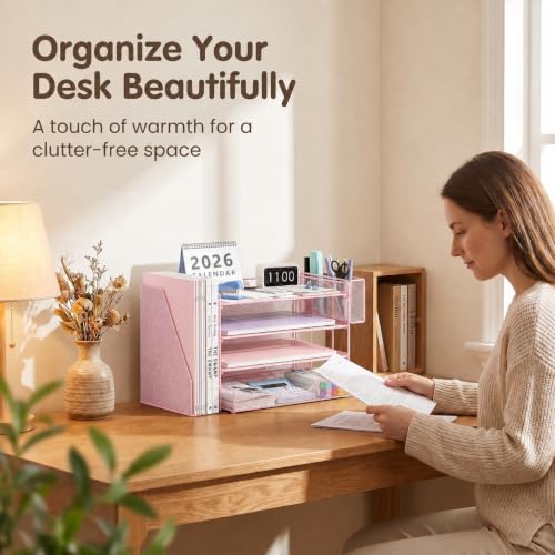 Desk Organizers and Accessories, 4-Tier Desktop File Organizer with Drawer and Pen Holders, Office Desk Accessories Workspace Organizers for Office Supplies (Soft Pink) - Image 3