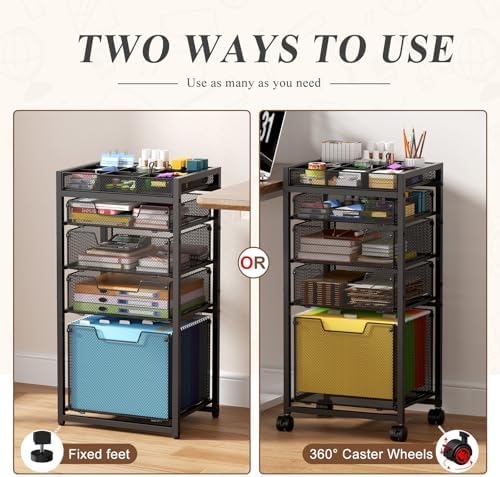 Rolling File Cart with 4 Storage Drawers, Under Desk Organizer with DIY Divider, Moblie Filing Cabinet on Wheels, Fits A4/Letter Size, Metal Utility Cart for Home Office, Black - Image 3