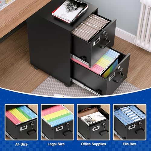 2 Drawers File Cabinet with Lock Metal Vertical File Cabient with Wheels Mobile File Cabinet for Office Home Legal/Letter/a4 Size Require Assembly - Image 4