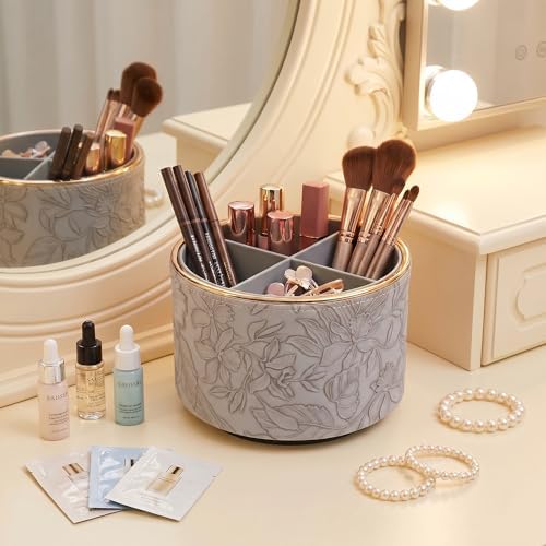 Round Leather Art Supply Organizer,Remote Control Holder,360 Degree Spinning,Multi-Functional Pencil Holder,4 Compartments Desktop Stationary Organizer(1-Golden Grey) - Image 7