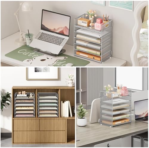 6 Tier Paper Organizer for Desk with Handle, Metal Mesh Desk Office File Folder Paper Letter Tray Accessories Organizer Sorter for Home, School, Office Desktop Document Organization - Silver - Image 4