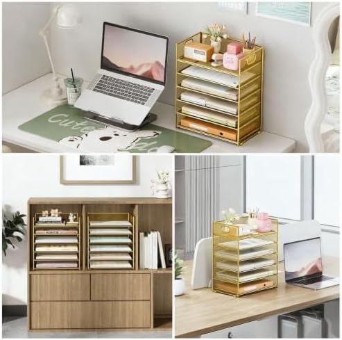 6 Tier Paper Organizer with Handle,Construction Teacher Desk Decor,Gold - Image 5