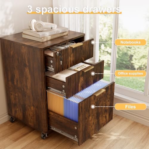 3 Drawers Fluted Mobile File Cabinet with Lock, Rolling File Cabinet Printer Stand Table, Under Desk Wooden Filing Cabinets for Home Office Essentials Storage Organization Furniture Letters/A4(Retro) - Image 6
