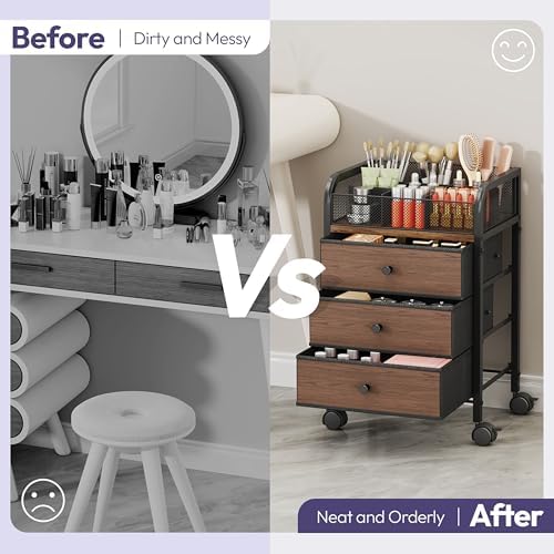 Rolling Makeup Organizer Cart - 14.96″*11.81″*23.03″ Widened Under Desk Vanity Storage with 3 Non-woven Drawers, Cosmetic Display Cases for Skin Care Perfume Nail Polish Brush Hair Tool Black - Image 3
