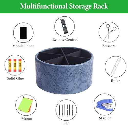 Remote Control Holder, 360°Spinning PU Leather Desk TV Remote Caddy,Desk Storage Box Room Accessories for Controller, Media,Mail,Calculator, Mobile Phone,Pencil(1-Carved Blue2) - Image 5