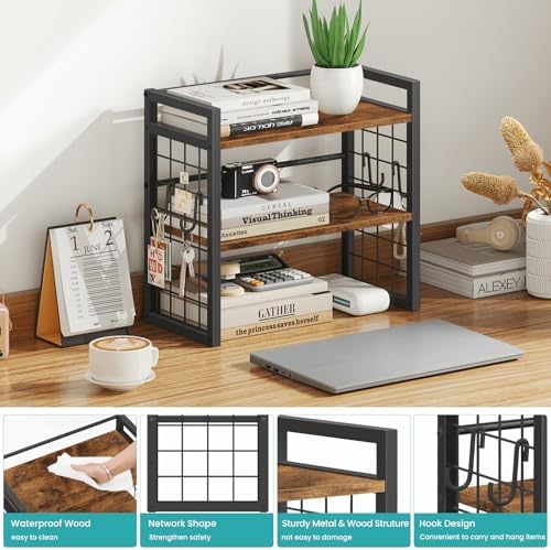 Desktop Shelf Organizer, 2 Tier Wood Desk Bookshelf, Rustic Brown - Image 4