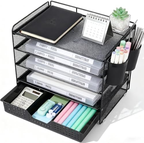 Desk Organizer and Accessories, 5-Tier Paper Letter Tray Organizer with Drawer & 2 Pen Holders for Desktop File Organization, Office Desk Accessories for Supplies Storage (Black) by Stylishworkspaceeffortlessorganization