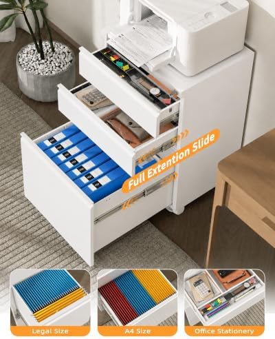 Fully Assembled 3-Drawer Mobile File Cabinet with Lock, Under Desk Storage - Image 4