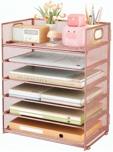 6 Tier Paper Organizer with Handle,Construction Teacher Desk Decor,Rose Gold by SUBEKYU