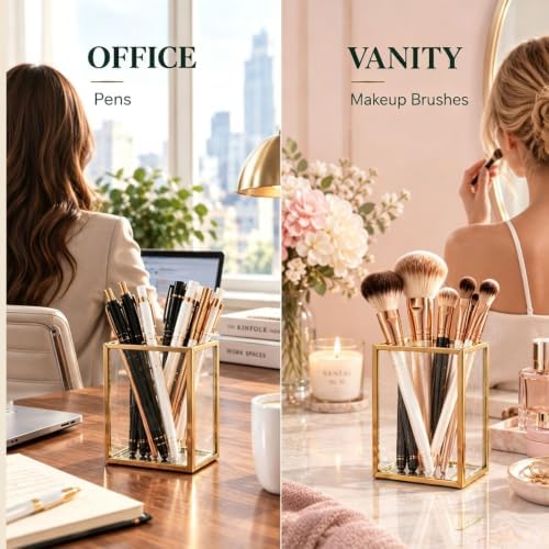 Glass Pen Holder for Desk, Gold Metal Frame Pen Organizer - Image 4