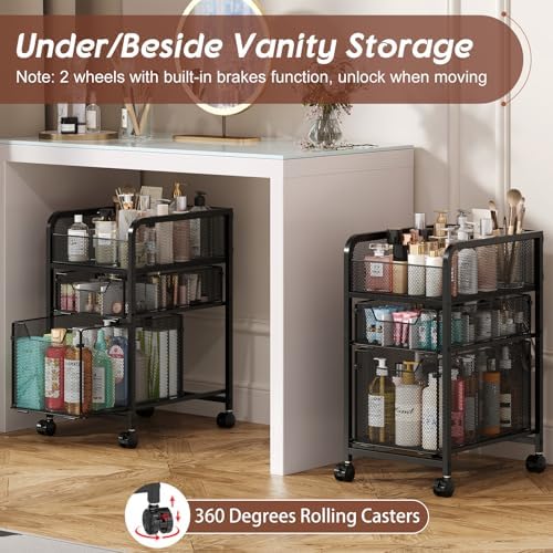 Rolling Makeup Cart Organizer with 2 Drawers, Narrow Floor Skincare Organizers, Vanity Organizer Cosmetics Display Cases Holder for Skin Care Nail Polish Perfume Makeup Brush, Black - Image 3