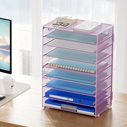 Marbrasse Paper Organizer Letter Tray, 9 Tier Mesh File Organizer with Handle, Paper Sorter Desk Organizer for Home Office Supplies - Purple - Image 6