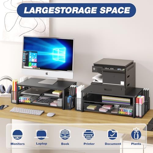 Desk Organizer and Accessories, 2-Tier Computer Monitor Stand Riser with Drawer and 2 Pen Holders, Laptop Stand, Office Desk Accessories for Office Supplies, Black 2-Pack - Image 3