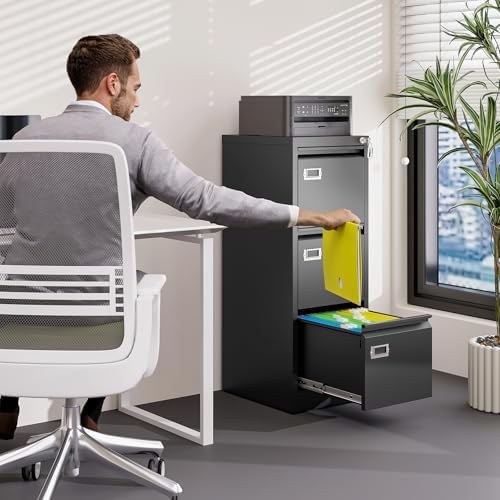3 Drawer File Cabinet with Lock Metal Vertical File Cabinet Office Home Narrow File Cabinet for A4 Legal/Letter Size,Assembly Required (Black, 3 Drawers-Vertical) - Image 2
