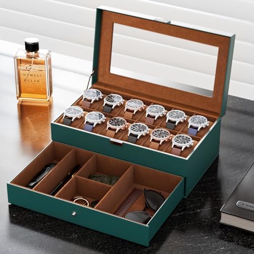 ProCase Watch Box, 12 Slot Watch Case for Men with Drawer, MidnightGreen - Image 3