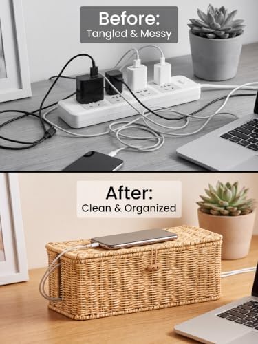 Cable Management Box, Cord Organizer with Lid & Cable Ties - Natural,L - Image 5