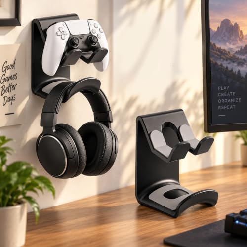 2 Pack Controller & Headphone Holder Wall Mount, Universal Game Controller Stand Headset Hanger for PS5 PS4 Xbox Series X/S One Switch PC, Gaming Accessories Storage Organizer - Image 3