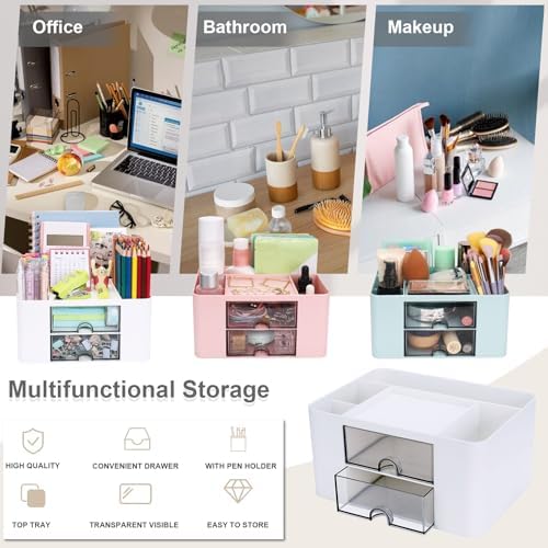 Plastic Pen Organizer, Multifunctional Desk Organizer with 2 Drawers, 4 Compartments & a Top Tray, Pencil Holder Desktop Organizers and Accessories for Office, 7.7" x 5.5" x 3.9" (White) - Image 4
