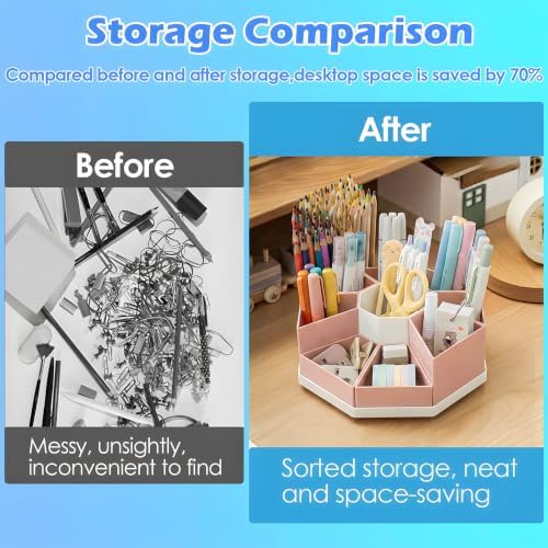 360 Degree Rotating Desk Organizer Caddy with 9 Compartments, Large Capacity Detachable Pencil Holder for Desk, Desktop Storage for Office, School, Home, Dressing Table (Blush Pink with White Base) - Image 4