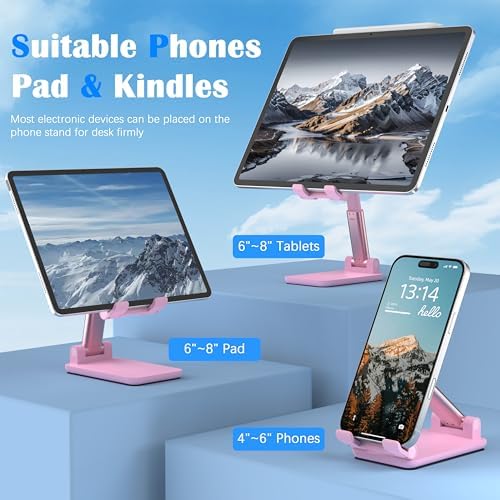 Cell Phone Stand, Adjustable Angle and Height Cell Phone Holder for Desk, Foldable and Portable, Anti-Slip Silicone Pad, Compatible with All Mobile Phones and 4-8 Inch Devices, Pink - Image 2