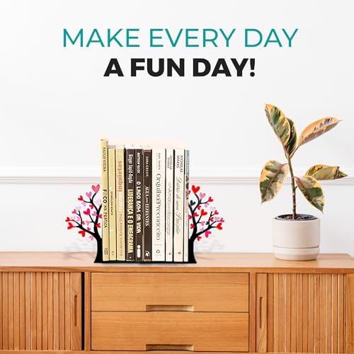 Tree Bookends with Heart-Shaped Leaves - Steel with Epoxy Coating and Wood Base - Decorative Pair of Book Holders for Shelves and Desk - Black with Red and Pink Accents – Geguton - Image 4