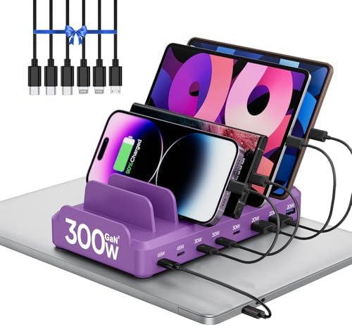 300W Charging Station for Multiple Devices, 8 Port Multi USB C Fast Charger Station Dock for MacBook iPhone 16/15/14/13/12 Samsung Pixel Series iPad, Purple (6 Mixed Short Cables Included) by LcssioChargeFaster