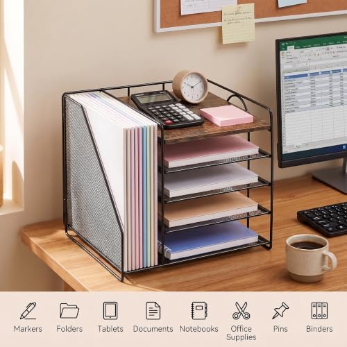 Desk Organizer, 5-Tier Paper Organizer Letter Tray, Brown Wood - Image 6