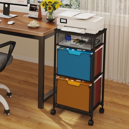 3 Drawer Mobile File Cabinet for Home Office, Rolling Filing Cabinet on Lockable Wheels, Hanging File Folders Organizer, Utility Cart Storage and Organizer, Printer Stand, Black - Image 6