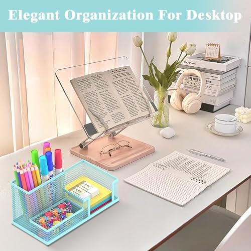 Mesh Pen Holder Desk Organizer, Office Supplies Pencil Storage with 3 Compartments, Office Desk Accessories and Workspace Organizers for Home School, Blue - Image 2