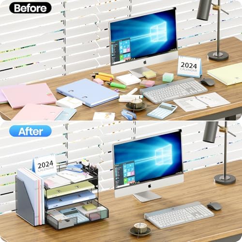Desk Organizer, 4-Tier Desktop File Organizer with Drawer and Pen Holders, Office Desk Accessories, File Sorters, Workspace Organizers for Office Supplies(Black) - Image 2