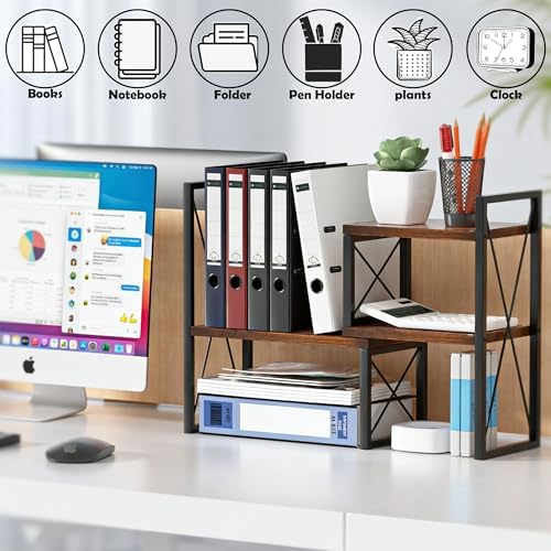 Expandable Desktop Shelf Organizer, 2 Tier Wood Desk Shelf for Office, Metal Corner Bookshelf, Countertop Storage Rack (Brown) - Image 3