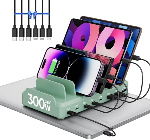 300W Charging Station for Multiple Devices, 8 Port Multi USB C Fast Charger Station Dock for MacBook iPhone 16/15/14/13/12 Samsung Pixel Series iPad, Green (6 Mixed Short Cables Included) by LcssioChargeFaster