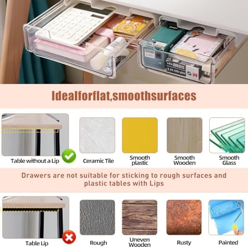 2 Pack Under Desk Storage Drawers Slide Out-Drill-On or Self-Adhesive,Large&Medium Drawer Under Desk Organizer Under Table Drawer for Home Office School Organization and Storage - Image 6