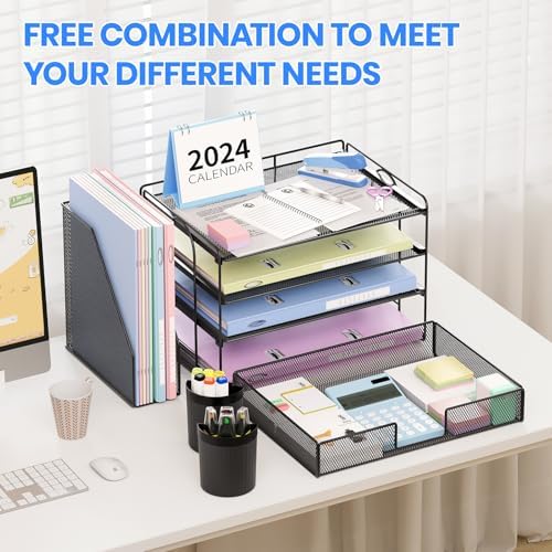 Desk Organizer, 4-Tier Desktop File Organizer with Drawer and Pen Holders, Office Desk Accessories, File Sorters, Workspace Organizers for Office Supplies(Black) - Image 3