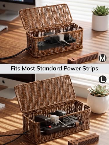 Cable Management Box, Cord Organizer with Lid, Braided Edging,Brown,Set - Image 6