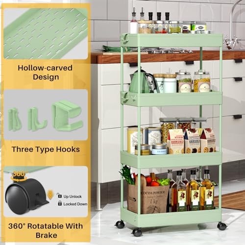 4 Tier Rolling Cart with Wheels, Storage Craft Art Trolley Organizer Serving, 3 Hanging Baskets Easy Assembly, for Office, Living Room, Kitchen - Image 3