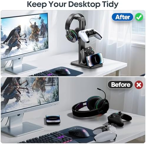 Gaming Headset & Controller Stand, Rotating Headphone Storage with 2 Controllers and Phone Holder, Standard Game Desk Storage for PS5/PS4/XBOX, PC Gamer Essentials Organizer Gift Accessories - Image 6