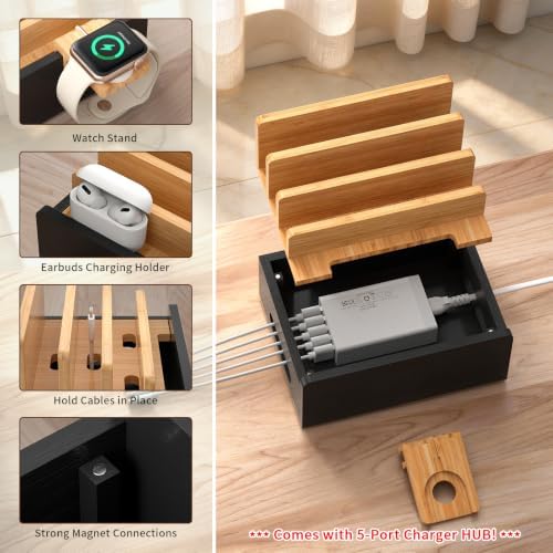 Bamboo Charging Station with USB Charger&Cables-Natural+Black - Image 3