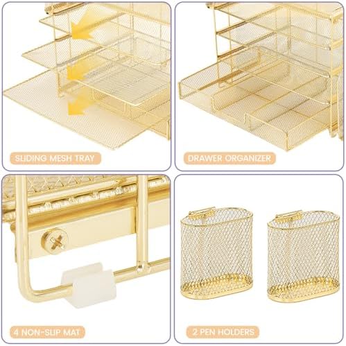Desk Organizer, 5-Tier Desktop File Organizer with Drawer and Pen Holders, Office Desk Accessories, File Sorters, Workspace Organizers for Office Supplies(Gold) - Image 3