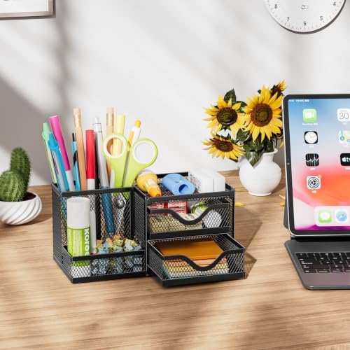 Marbrasse Mesh Pen Holder with 2 Drawers, Multi-Functional Pencil Organizer for Desk, Desk Organizers and Accessories with 3 Compartments + 2 Drawers for Office Art Supplies (Black) - Image 4
