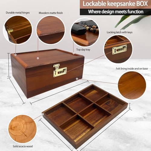 Large Acacia Wooden Storage Box with Hinged Lid and Combination Lock Decorative Boxes with Removable Tray Memory Box Keepsake Chest Stash Boxes Lockable Chest for Jewelry Accessories Treasured Items - Image 2