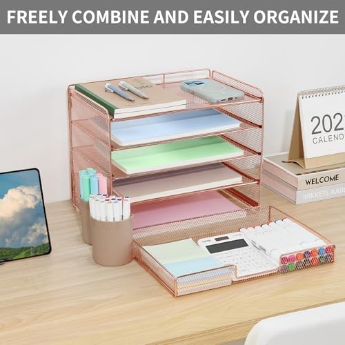 Desk Organizer and Accessories, 5-Tier Paper Letter Tray Organizer with Drawer & 2 Pen Holders for Desktop File Organization, Office Desk Accessories for Supplies Storage (Rose Gold) - Image 5
