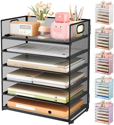6 Tier Paper Organizer with Handle,Construction Teacher Desk Decor,Gray - Image 2