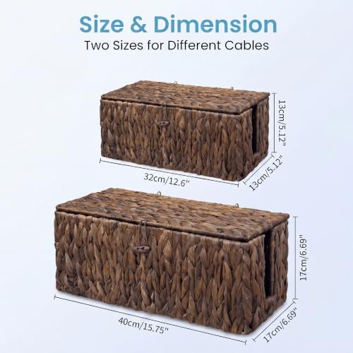 efluky Set of 2 Brown Water Hyacinth Cable Management Box, Hand-Woven Cord Organizer with 2 Open Slots, Decorative Cord Box to Hide Power Strip, USB Wires & Charger for Home & Office - Image 2