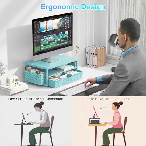 Monitor Stand with Drawer and 2 Pen Holders (Blue) - Image 2