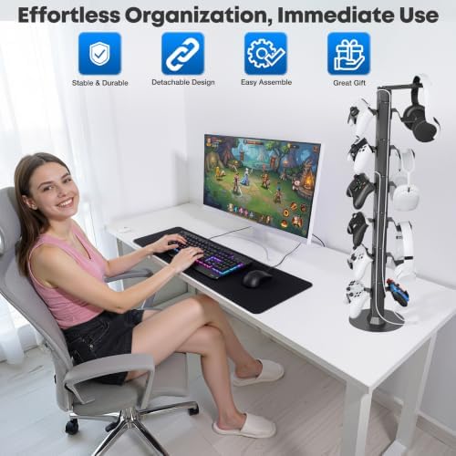 Gaming Controller & Headset Holder Stand for Desk, with Charger Cable Organizer Headphone Stand for PS5/ Xbox/ PS4/ Switch, Metal Base Controller Hook for Storage with 360° Rotatable Hanger- 6 Tiers - Image 7