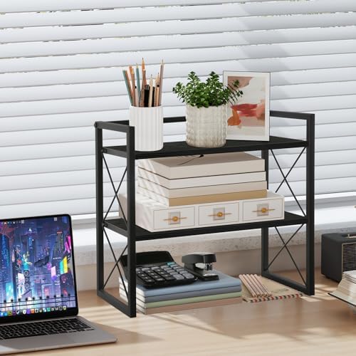 Desktop Shelf Organizer, 2 Tier Office Shelves, Wood Desk Organizer Storage Rack and Freestanding Display Shelf for Office, Dormitory, Home(Black) - Image 2
