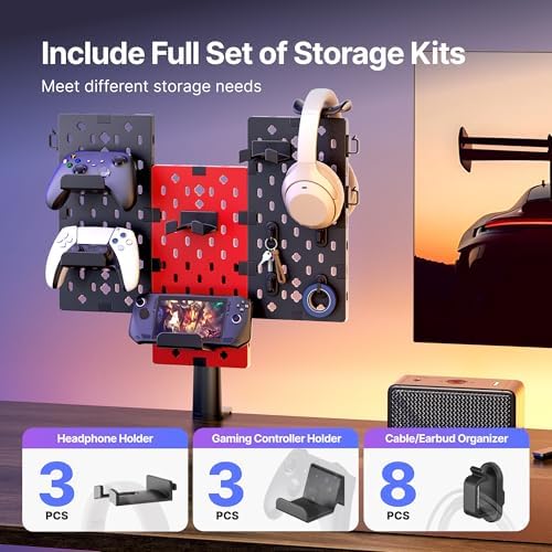 PEGZONE Modular Headphone and Controller Holder for Game, Clamp-on Pegboard, Rotatable Controller Stand with Cable Hooks, Gaming Accessory for Xbox PS5 PS4 Nintendo Switch, 3Pcs Pegboard, Red - Image 4