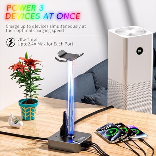 Headphone Stand with Charger, USB C, Gifts for Gamers Men, Gray Pro - Image 5